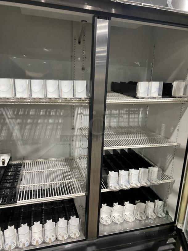 True Commercial Double Glass Door Refrigerator, Model GDM-49, with poly coated wire racks, beverage organizers, 115V, 1 Phase.