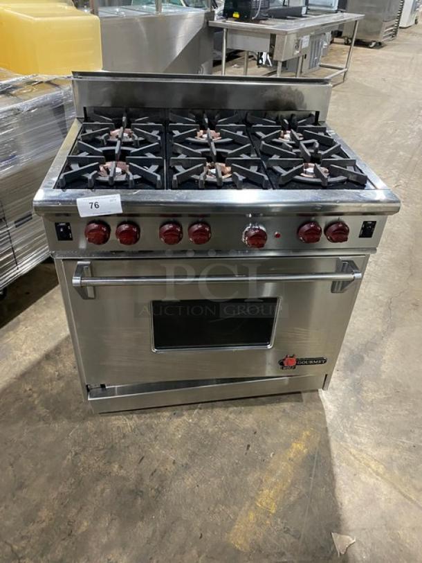 Wolf Gourmet Series stainless steel 6-burner range/oven combo. Features wired oven rack, natural gas powered. Like new condition.