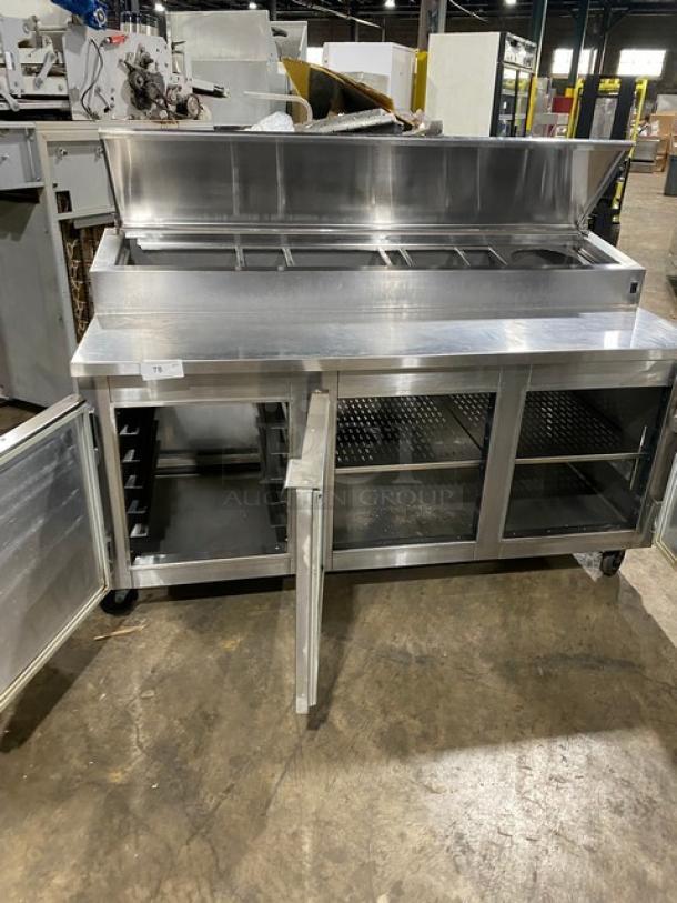 Marsal 2015 BM72R stainless steel 3-door refrigerated pizza prep table, 72", bain marie style, pan slides, shelving, on casters.