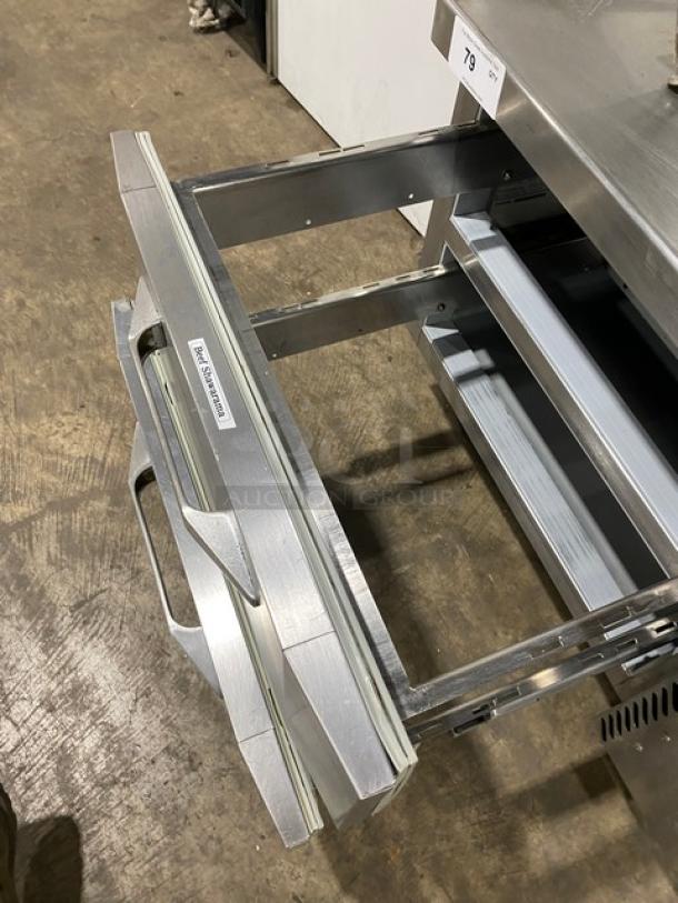 Victory Stainless Steel 2 Drawer Refrigerated Chef Base, Model CBR36-1, SN: 12409786, on casters, open drawer view.