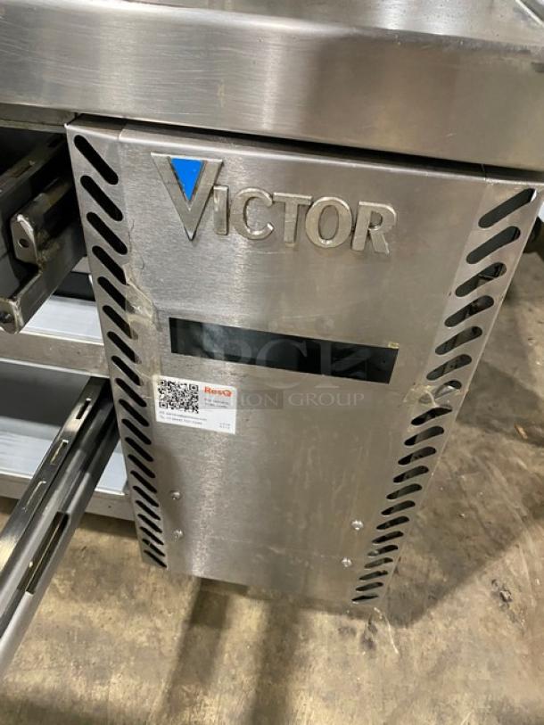 Victory Commercial Stainless Steel 2 Drawer Refrigerated Chef Base, Model CBR36-1, on casters. Visible brand logo and QR code tag.