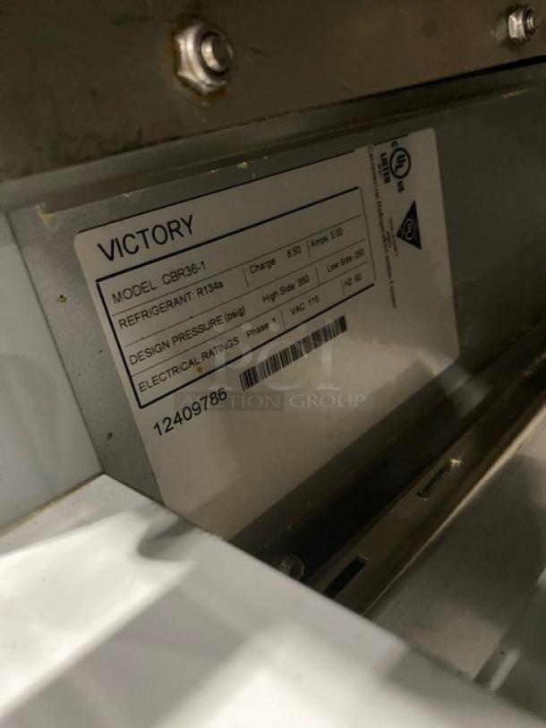 Victory Commercial Stainless Steel 2-Drawer Refrigerated Chef Base, Model CBR36-1, on casters, serial number 12409786.