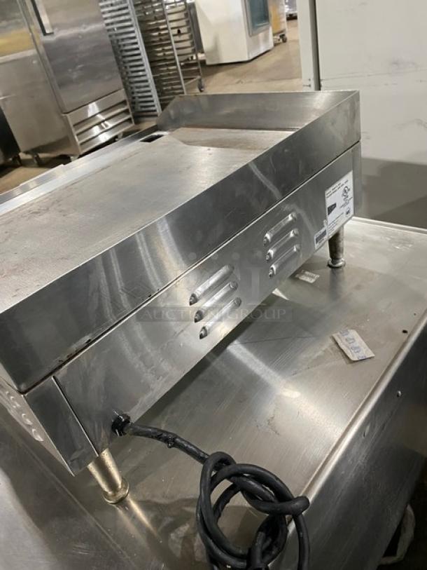 Cecilware EL1624 stainless steel electric countertop griddle, 24", with thermostatic control and legs, model label visible.