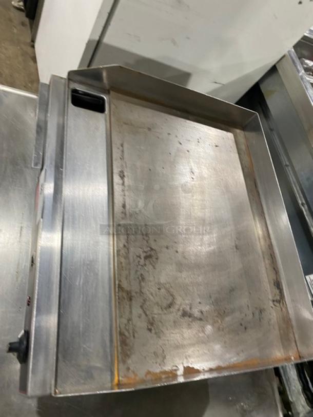 Cecilware 24" stainless steel electric griddle, model EL1624, with thermostatic control, on legs, shows wear.
