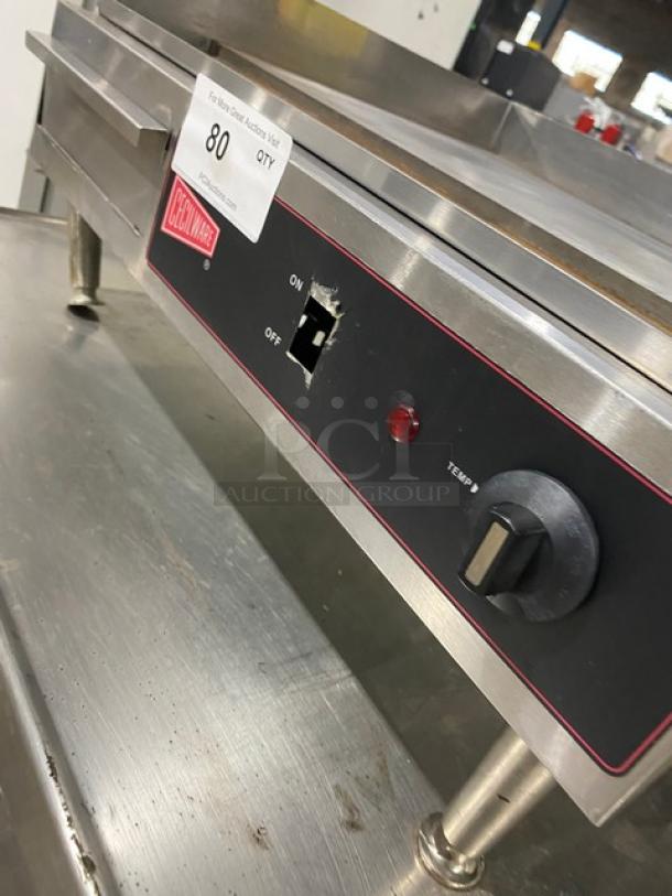 Cecilware 24" stainless steel electric griddle, model EL1624, with thermostatic control, 240V, on legs, slight wear.