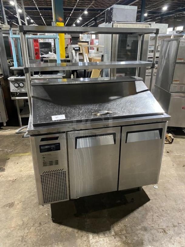 Turbo-Air JBT48 commercial stainless steel 2 door refrigerated bain marie buffet table. Includes double overhead shelf, poly coated wire rack, on legs, 115V.