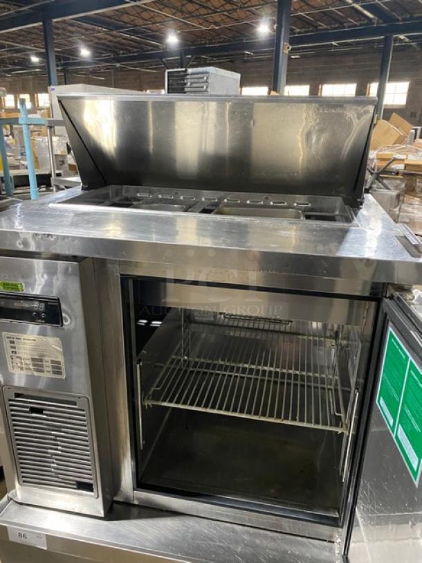 Turbo-Air JST36N single-door refrigerated bain marie prep table, stainless steel, poly coated wire rack, model SN: H2JS3T0D8602.