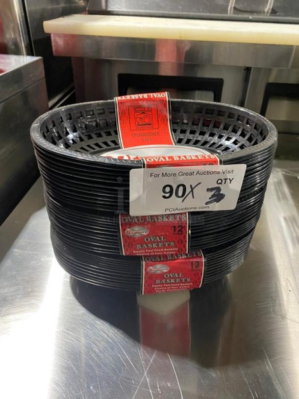 Brand new Winco Winware Series black oval fast-food baskets, set of 12, dishwasher safe, commercial quality.
