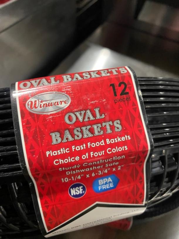 Winco Winware Series commercial black oval fast-food basket set, 12 pieces, BPA-free, NSF certified, dishwasher safe.