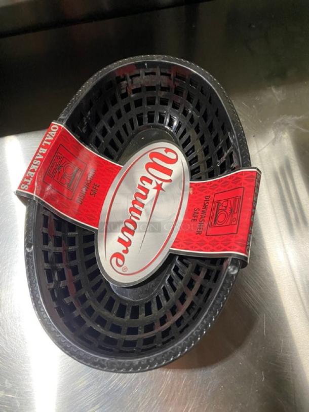 Brand new Winco Winware commercial black oval fast-food basket with label. Dishwasher safe.