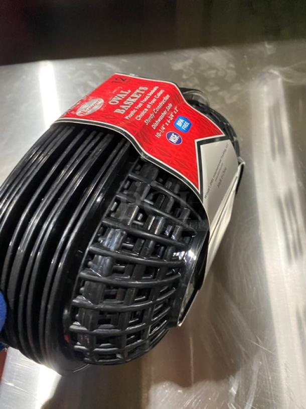 BRAND NEW Winco Winware Series black oval fast-food basket set, commercial use, with labels highlighting durability.