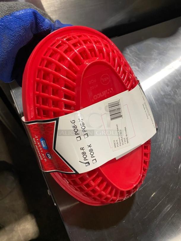 Brand new Winco Winware Series red oval fast food baskets, model POB-R, in commercial-grade condition. Set of 12.