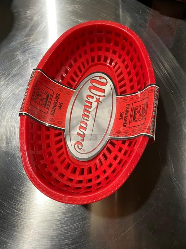 Winco Winware Series red oval fast food serving basket, Model POBR, brand new with dish-safe label, 12 per case.
