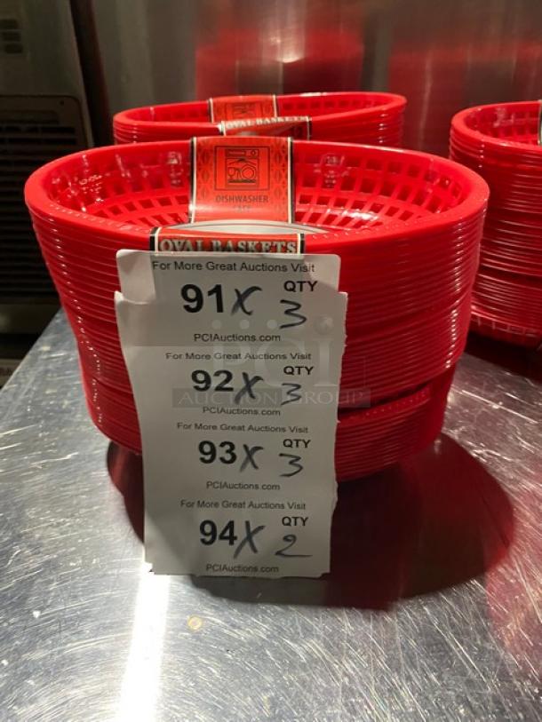 Brand new Winco Winware POB-R red oval serving baskets, commercial grade, 12 per case, stackable, dishwasher safe.