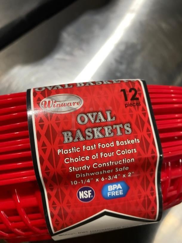 Brand new Winco Winware red oval fast food serving baskets, model POB-R, set of 12, BPA-free, NSF certified, dishwasher safe.
