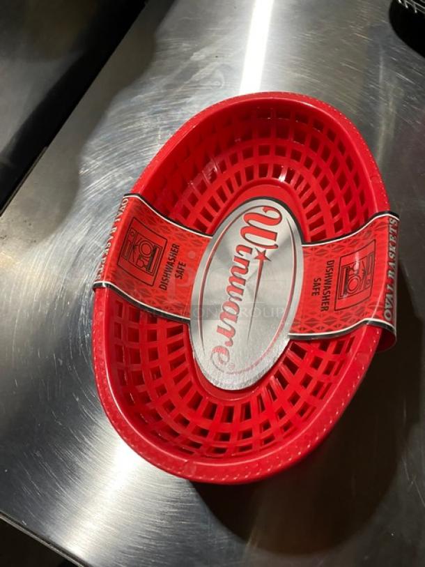Brand new Winco Winware red oval serving basket, model POB-R, dishwasher safe, in case of 12.