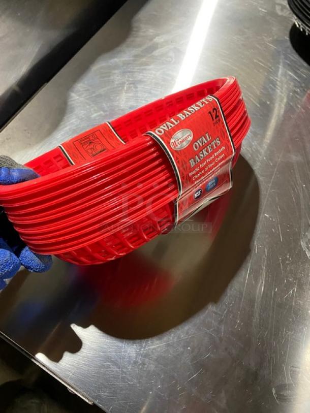 Brand new Winco Winware Series red oval fast food serving baskets, Model POB-R, 12 per case, commercial quality.