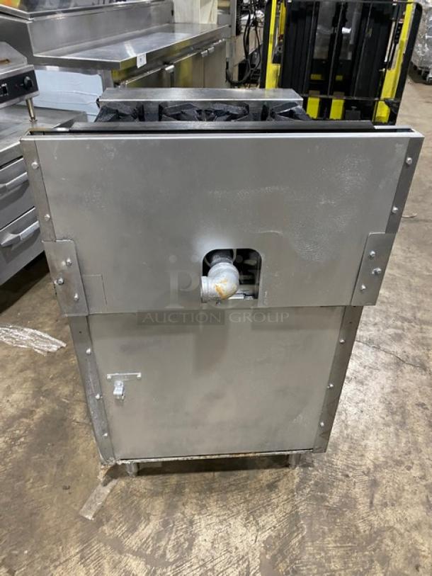 Vulcan commercial stainless steel 4-burner gas range with backsplash, enclosed cabinet base, and sturdy metal legs.