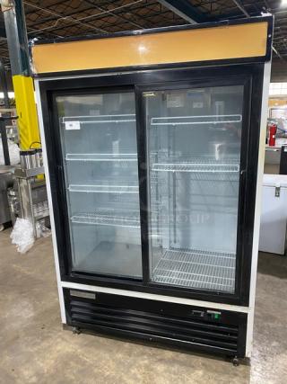 Maxx Cold Commercial White Double Glass Sliding Door Reach In Merchandiser Refrigerator! With Poly Coated Wire Racks! Model: MXM2-48RS SN: 7018009! 115V 1 Phase! On Casters! - Item #1201034