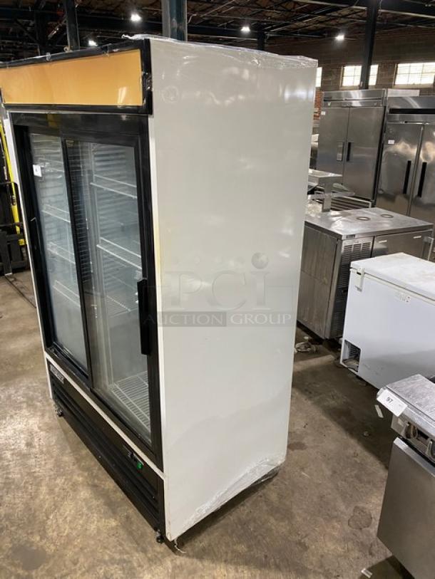 Maxx Cold MXM2-48RS commercial refrigerator, white, double glass sliding doors, poly coated wire racks, on casters.