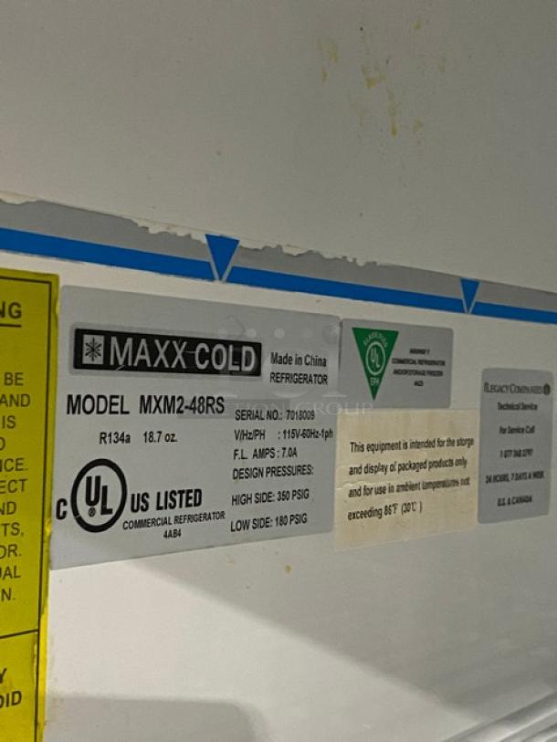 Maxx Cold Commercial Refrigerator label, model MXM2-48RS, serial 7018009, UL certified, 115V, 1 phase.