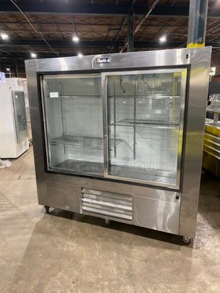 Leader! 2017! Late Model! Commercial Stainless Steel Double Glass Sliding Door Reach In Merchandiser Refrigerator! With Chrome Plated Wire Rack! Model: LS72SC SN: AA06M2908! 115V 1 Phase! On Casters! - Item #1201035