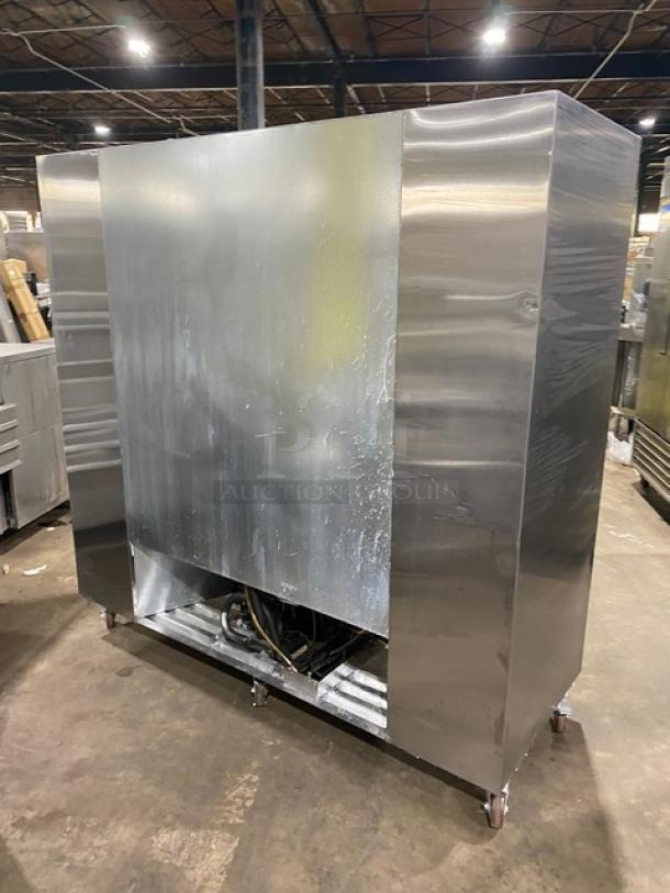Leader LS72SC commercial stainless steel refrigerator, double glass sliding doors, chrome-plated wire rack, on casters.