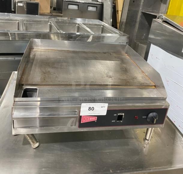 Cecilware EL1624 stainless steel flat griddle, 24", electric, thermostatic control, 240V, on legs, minor wear.