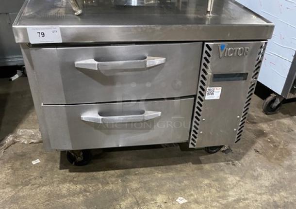 Victory Commercial Stainless Steel 2 Drawer Refrigerated Chef Base, Model CBR36-1, 115V, on casters, with visible Victory branding.