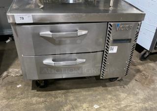 Victory Commercial Stainless Steel 2 Drawer Refrigerated Chef Base, Model CBR36-1, 115V, on casters, with visible Victory branding.