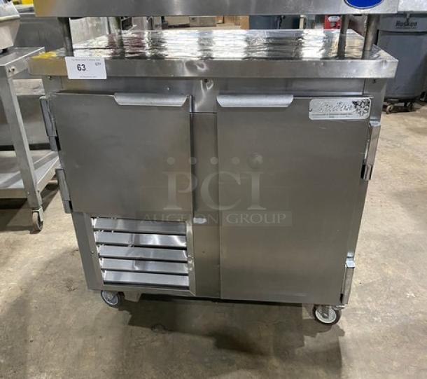 Leader Commercial Stainless Steel 2 Door Refrigerated Worktop Lowboy, Model LB36SC, on casters with wired rack.