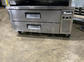 Migali commercial stainless steel 2-drawer refrigerated chef base on casters, showing brand label and sturdy construction.