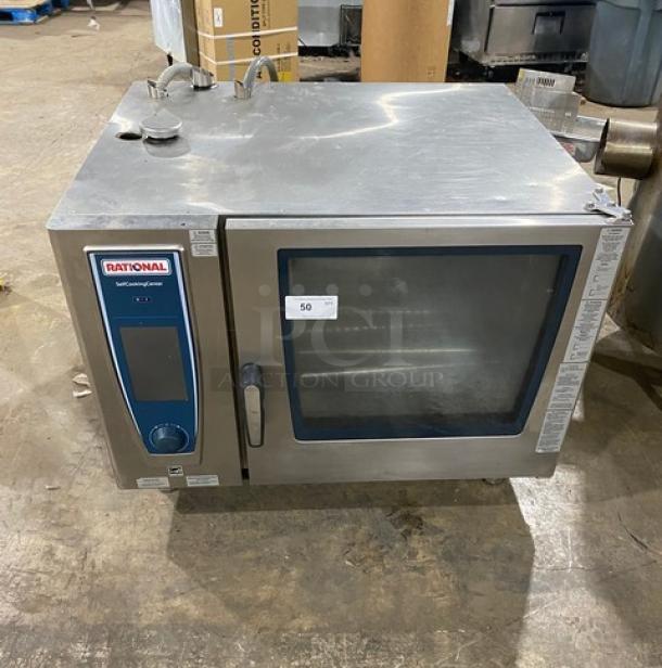 Rational SCCWE62G commercial combi oven, stainless steel, 6-pan, gas-powered, with racks and hose, on legs, Energy Star certified.