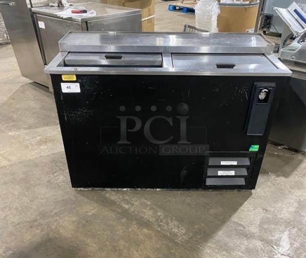 Fogel commercial black double section cooler, model BC50DBST, stainless steel top, double sliding lids, great condition.