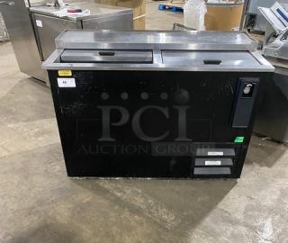 Fogel commercial black double section cooler, model BC50DBST, stainless steel top, double sliding lids, great condition.