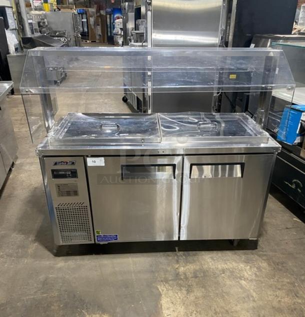 Turbo-Air JBT-60 stainless steel refrigerated buffet table with clear sneeze guard, two doors, on casters. Model: JBT-60 SN: JB6TA12016.
