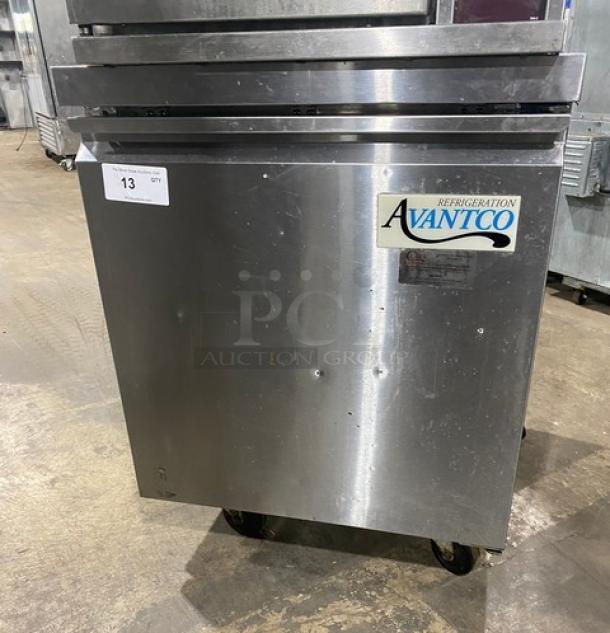 Avantco stainless steel worktop refrigerator, model 178TWT27RHC, on casters, with poly-coated wire rack, 115V, good condition.