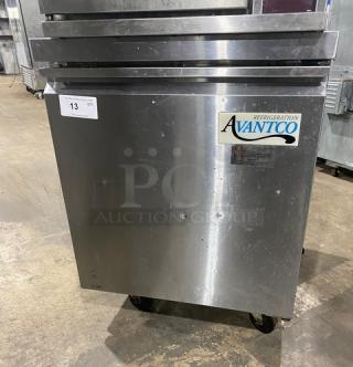 Avantco stainless steel worktop refrigerator, model 178TWT27RHC, on casters, with poly-coated wire rack, 115V, good condition.