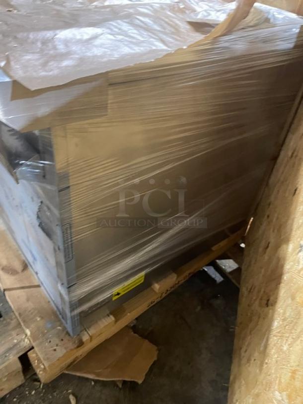 Brand new Lang R60SATJ commercial stainless steel flat griddle range, 6-burner French plate, double oven, wrapped on pallet.
