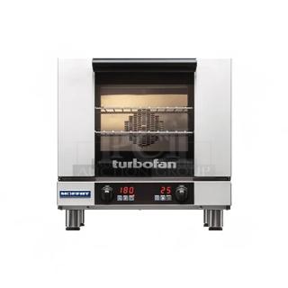 Brand new Moffat TurboFan 20D Series stainless steel electric convection oven, model E23D3, with wire racks and legs.