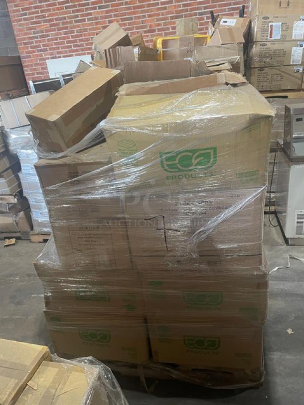 Mixed pallet of Pack N'Wood commercial food containers, new condition, various models, boxed and shrink-wrapped.