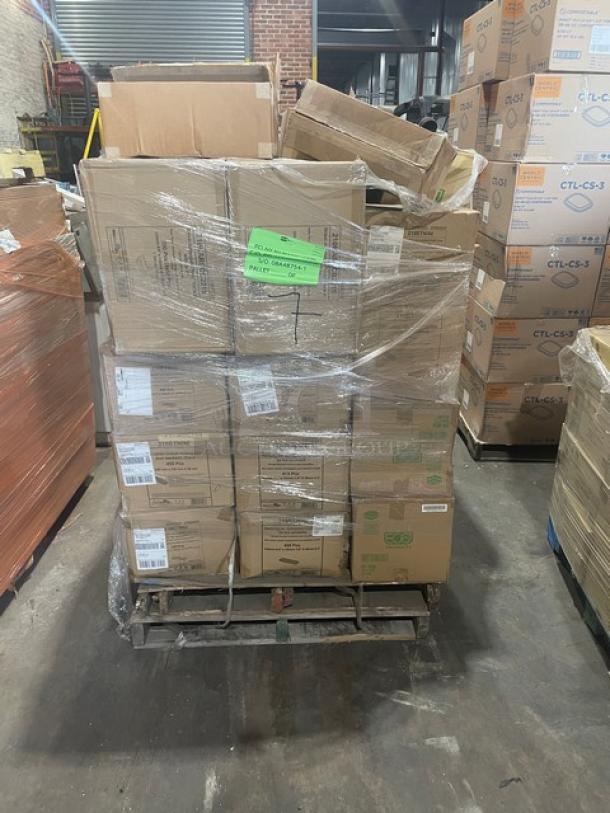 Pallet of assorted Pack N'Wood and Eco-Products packaging items, wrapped in plastic. Includes fast food trays, sandwich boxes, and compostable containers.