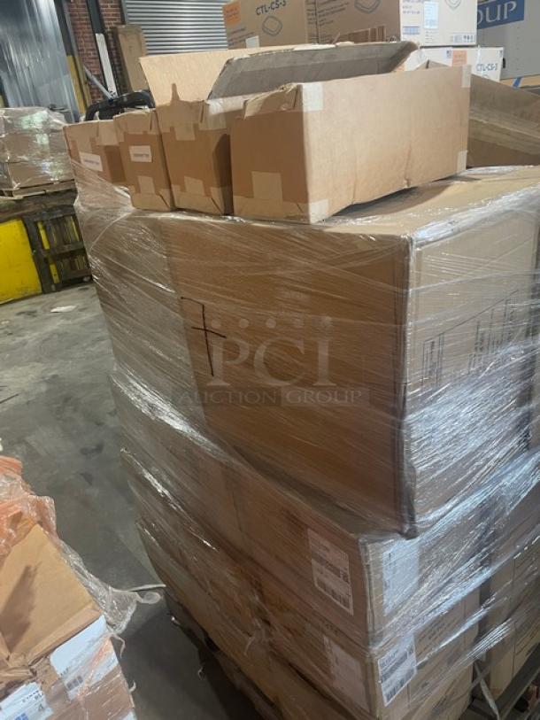 Mixed pallet of commercial Pack N'Wood and Eco-Products food containers and trays, brand new, various models, in original packaging.