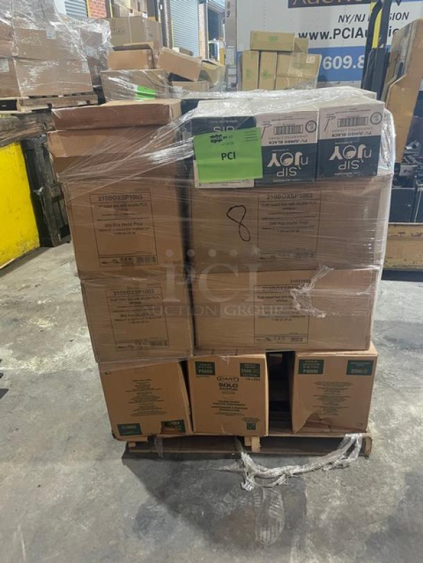 Mixed pallet with Crystal Ware black sip n’ joy straws, Pack N’Wood to-go salad containers, Dart Solo cups, LBP catering trays, Quantum Storage shelf; new condition, labels visible.