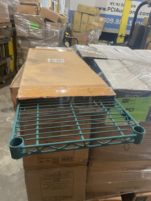 Mixed pallet of commercial items including Crystal Ware black straws, Pack N’Wood salad containers, Dart Solo cups, LBP catering tray, and Quantum Storage wire shelf. All items new.