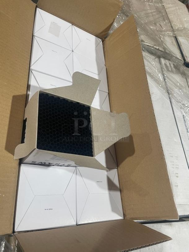 Mixed pallet of commercial products including Crystal Ware black straws, Pack N’Wood salad containers, Dart Solo souffle cups, LBP catering trays, and Quantum Storage wire shelf, all brand new.
