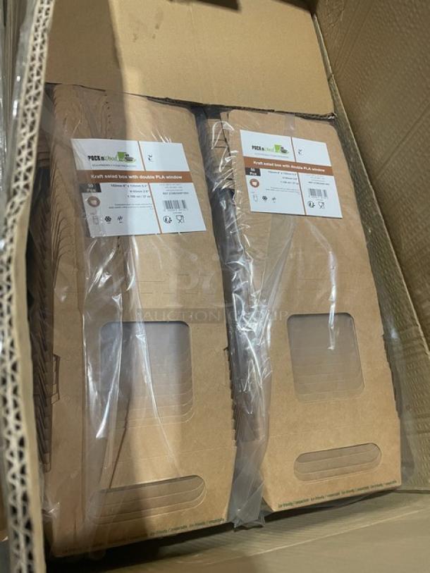 Mixed pallet featuring Pack N’Wood Kraft 5.8”x5.3” salad containers with double window, visible labels. New condition.