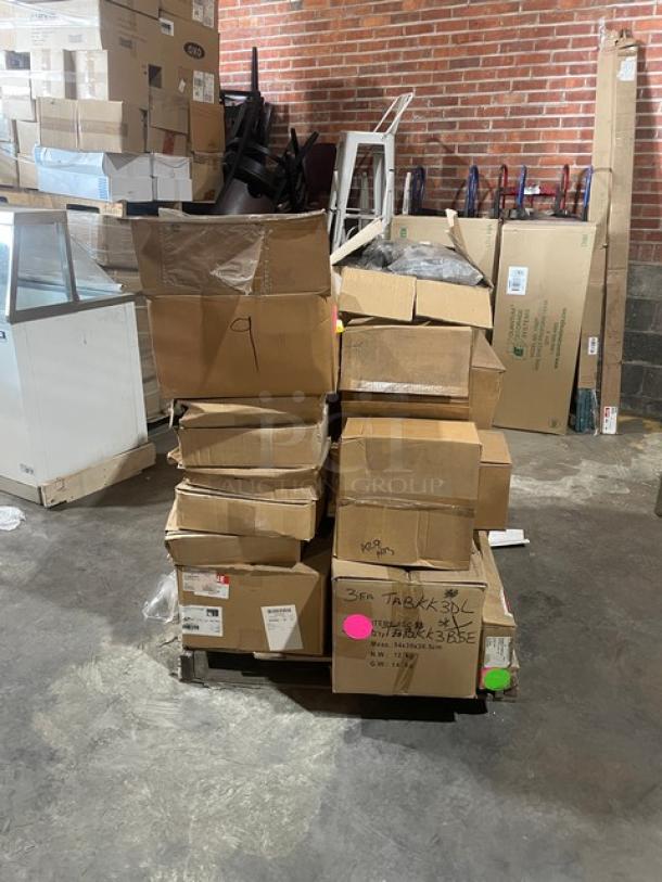Mixed pallet of commercial kitchen items including Winco colander, serving tong, BKI filter bag, Cal-Mil display riser, and more.