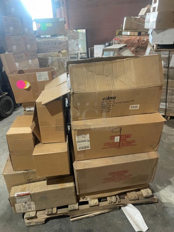 Mixed pallet of commercial kitchen items in boxes, including Winco colander and serving tong, BKI filter bag, Cal-Mil display riser and ice housing, Demarle form pan. Brand new with labels.