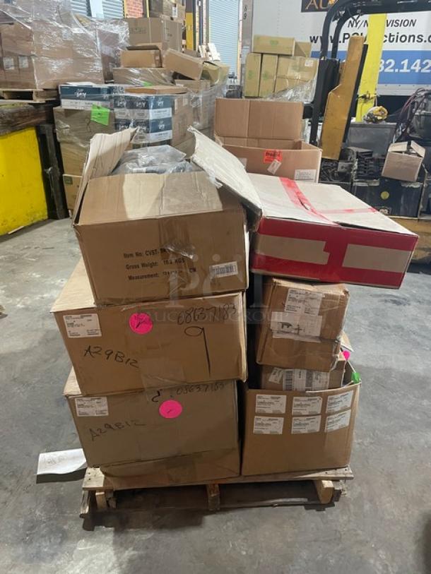 Mixed pallet with various Winco, BKI, and Cal-Mil commercial kitchen items in original boxes, brand new condition.